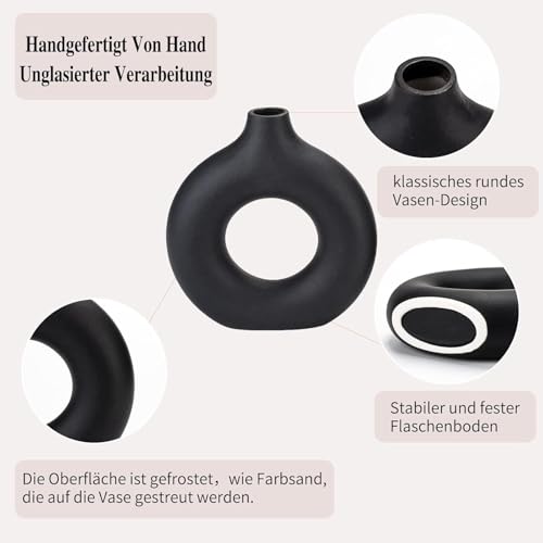 Image of White Donut Vase Hollow Ceramic Vase for Flowers Handmade Minimalist Style Modern Home Decor Round Shape Table Party Living Room Office Bedroom (Black Medium)