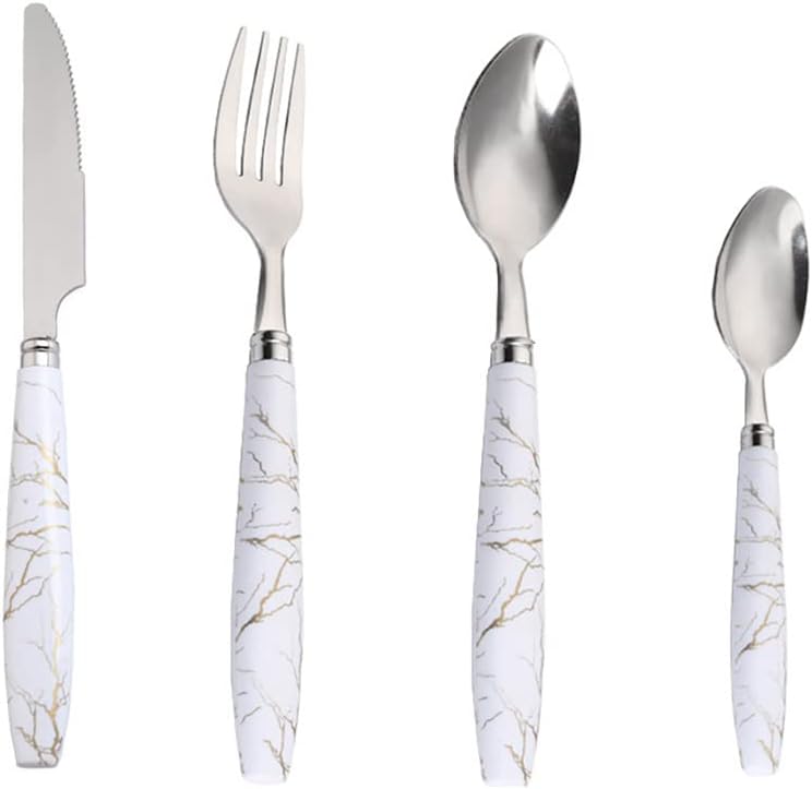 Cutlery Set, Stainless Steel Flatware Set,transparent plastic， Spoon Knife and Fork Set,24-Piece Set of Marble Pattern Handle Cutlery Set Kitchen Silverware Tableware Main Stainless Steel Knife and Fo