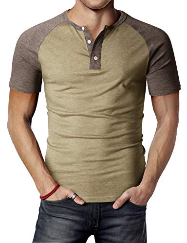 H2H Men Slim Fit Henley Raglan Short Sleeve Contrast Color Block Casual Baseball T-Shirt HEATHERBEIGE US M/Asia L (CMTTS0222)