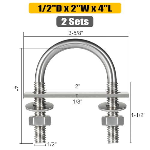 Image of 2 Sets Round U Bolts, u-Bolts 2 Inch Wide, 304 Stainless Steel U Bolt,with Nuts,Bolt Plate and Washers for Boat Trailer Tube(1 /2 inch D x 2 inch W x 4 inch L)