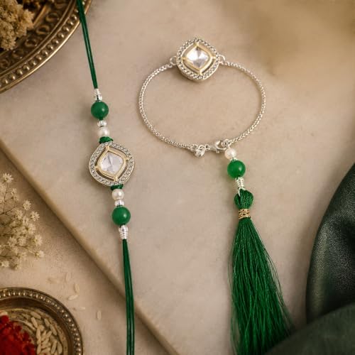 Image of Mahi Bhaiya Bhabhi Rakhi Set with Crystals and Meenakari Work Bracelet Style Lumba - Rakhi for Brother and Bhabhi(PARCOL1105339PR)