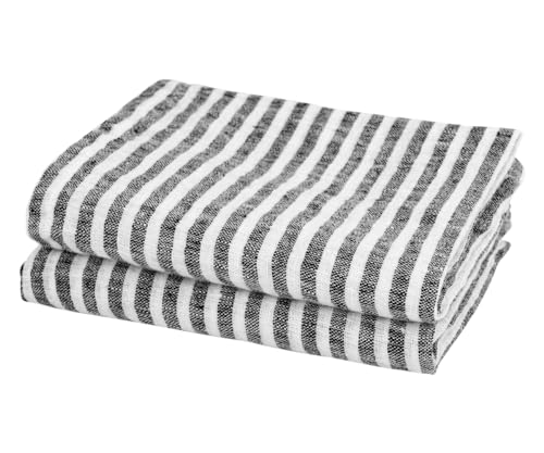 Black Linen Towels, 100% Linen Kitchen Towel Set of 2 - Striped Hand Towel, Tea French Kitchen - Absorbent Farmhouse Dish Towels for Kitchen, Black 18x28