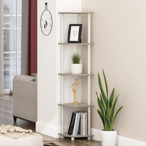 Image of Furinno TURN-N-TUBE Corner Shelf, 5-Tier Corner Bookshelf, Open Storage Shelves, for Organization and Storage, Living Room, Home Office, Garage, Bedroom, Sonoma Oak