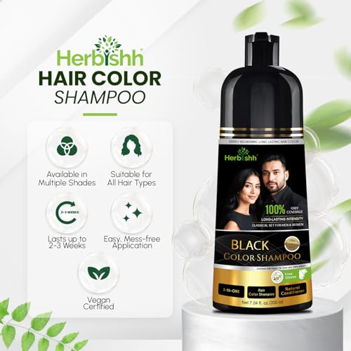 Herbishh Black Shampoo, Hair Dye Shampoo 3 in 1, 100% Grey Coverage, Demi-Permanent Hair Color for Men & Women, Long-lasting Color in 5-15 Mins, Ammonia-free, 200 ml