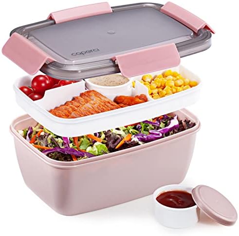 Caperci Large Salad Lunch Container - Adult Bento Lunch Box with 68 oz Salad Bowl, 5-Compartment Tray, 2pcs 3-oz Sauce Cups, Stackable, BPA-Free (Pink)