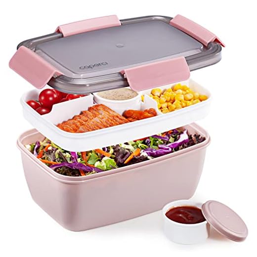 Caperci Large Salad Lunch Container - Adult Bento Lunch Box with 68 oz Salad Bowl, 5-Compartment Tray, 2pcs 3-oz Sauce Cups, Stackable, BPA-Free (Pink)
