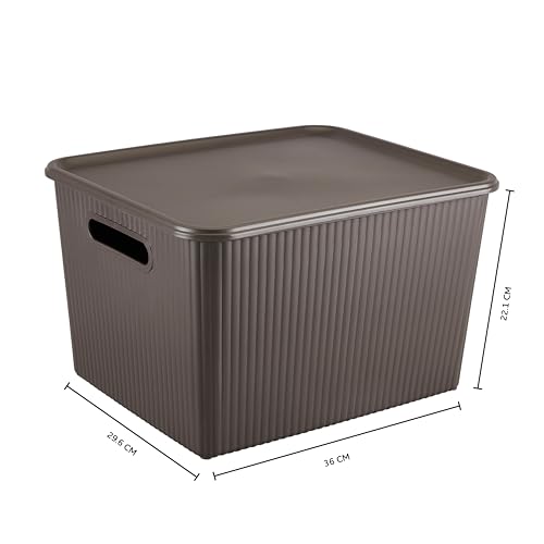 Image of Kolorr Ribbed Baskets Large Pack of 2 With 2 Standard Lid (Non-Airtight Loose-Fit Cover) Multipurpose Plastic Storage Baskets For Cloths Toys Wardrobe Home Kitchen & Livingroom I Dark Brown