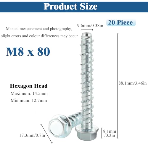 MejaRizon M8x80 Betonschrauben, 20 Stück Betonschrauben Ohne Dübel, Sechskantkopf Betonschraube verzinkt mit Scheibe für Mauerwerk, Beton, Architektur, Industrie