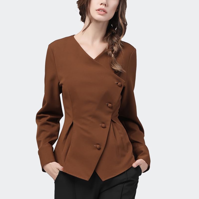 Chemise asymétrique Couleur Bonbon pour Femmes, Simple Boutonnage, Manches Longues, col en v, Taille Haute, Hauts Slim, Chemisiers de Bureau d'automne (Marron S)