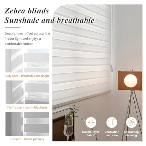 No Tools No Drill Zebra Blinds for Windows Cordless,Customizable Zebra Roller Shades, Dual Layer Blackout-Filtered Privacy Light Control Window Blinds Home Office, Easy to Install