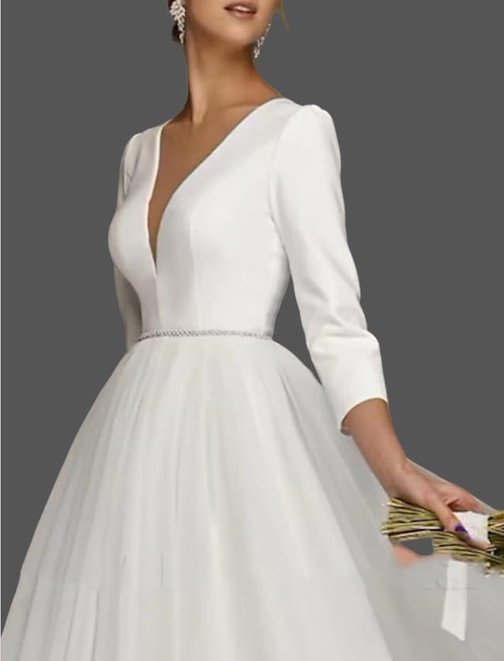 2026 Wedding Guest Dresses Tea Length Middle Sleeves Satin Tulle Formal Dress for Women Deep V Neck Gown JS337 - Image 4