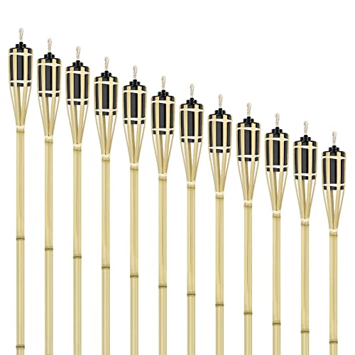 Aufun Lot de 36 Torche de Jardin en Bambou, Bamboo Garden Tiki Torch Set, Torches à Huile pour l'Extérieur avec Mèche de Rechange, Lampe à Huile Cheminée, Hauteur : 90 cm (Typ A)