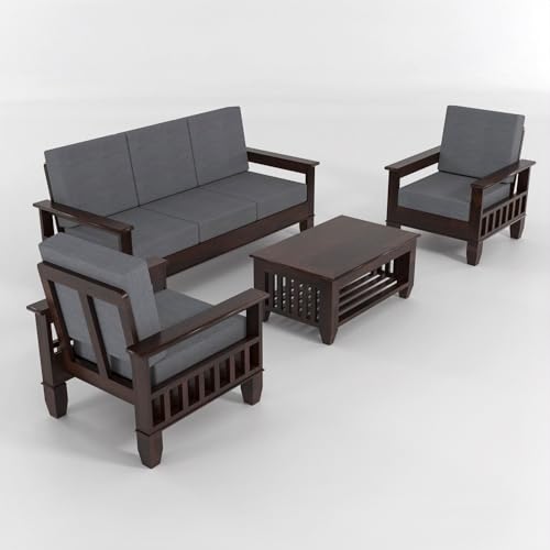 Image of Sheesham Wooden 5 Seater Sofa Set for Living Room | Rosewood Cushion Sofa with Side Newspaper Holder for Home & Office | Solid Wood Sofa Set for Lounge (Walnut, 3+1+1 Seater)