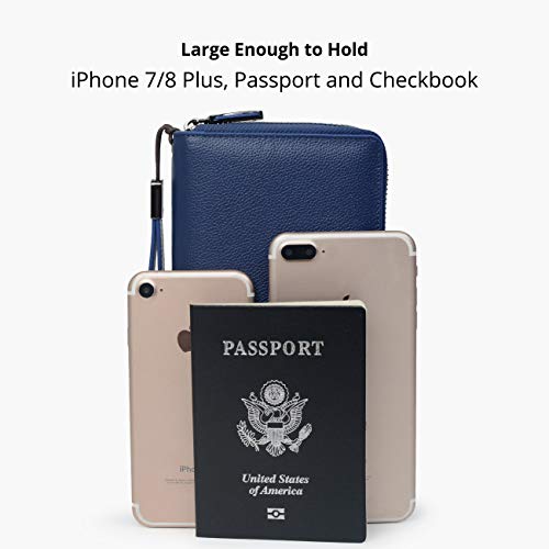 Bveyzi Women RFID Blocking Wallet Leather Zip Around Phone Clutch Large Capacity Ladies Travel Purse Wristlet (Navy Blue)