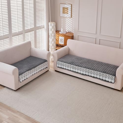 Image of HOKIPO 'BelleLace Series' 5 Seater Sofa Cover Mat in 3+2 Seater Combination | Imperial Milk Velvet with Anti Slip Backing, Porpoise Grey (AR-5966+5964-DGRY)