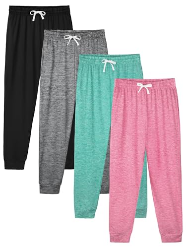 4 Pack Girls Sweatpants Jogger Lightweight Dry-Fit Active Athletic Kids Joggers with Pockets & Drawstring