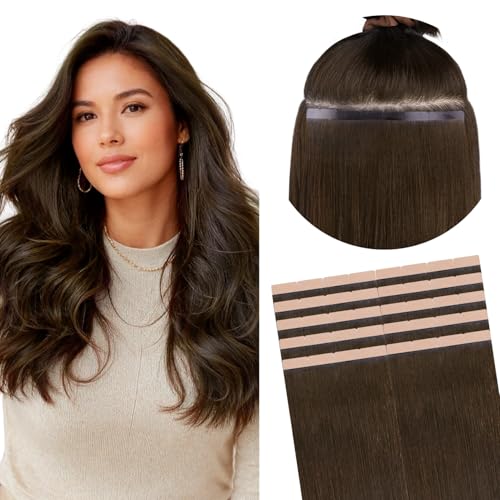 Image of GOO GOO Tape In Weft Hair Extensions Human Hair, 4A Chocolate Brown, 8cm Wide Tape, 22inch 10pcs 50g, Tape Weft Hair Extensions, Seamless Tape in