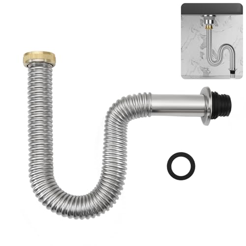 QruiLanTu 1 1/2 Inch Single-Trough Drain Hose Stainless Steel Flexible Sink Drain Hose P-Trap Suitable for Kitchens, Bathrooms, Outdoors and RV