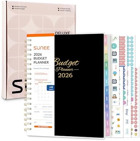 SUNEE 2026 Budget Planner - Deluxe Monthly Budget Book from JAN 2026 - DEC 2026, Bill Organizer with 12-Pockets, Expense Tracker Notebook B5 Size (8
