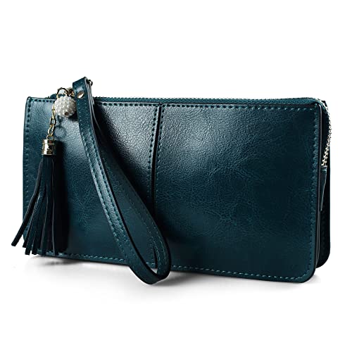 befen Genuine Leather Wristlet Clutch for Women Ultra-Slim Ladies Credit Card Holder Wallet Purses with RFID Protection (Peacock Green)