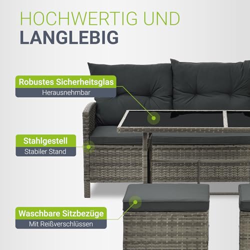 Juskys Polyrattan Lounge Manacor mit Ecksofa, Esstisch, 2 Hocker & Kissen - wetterfest bis 7 Personen - Bezüge waschbar - Rattan Garten Sitzgruppe Gartenlounge Gartenmöbel Set - Grau-meliert