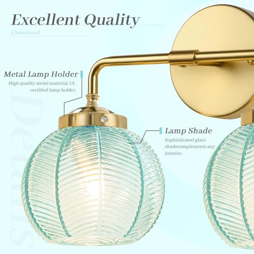 Image of Gold Wall Sconce Set of 2 Vintage Bathroom Vanity Light Blue Glass Shade Globe Wall Sconces Mid Century Wall Light Art Deco Bathroom Lights Over Mirror for Bedroom Hallway Living Room
