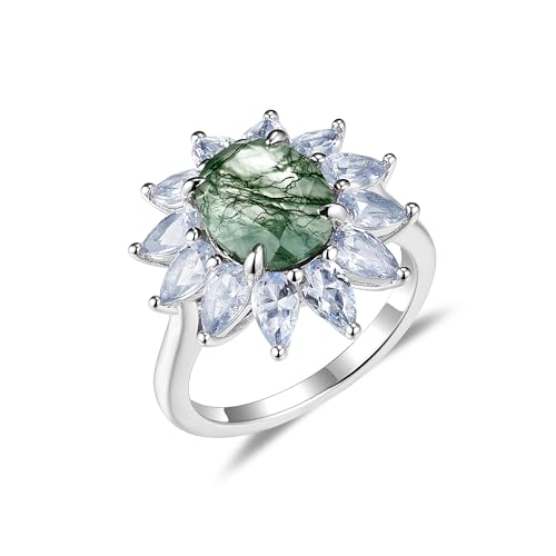 Moss Agate Ring Natural Gemstone Genuine 925 Sterling Silver with Gold plating Women’s Oval Cut Moss Agate Engagement Ring Gifts for Her ﻿