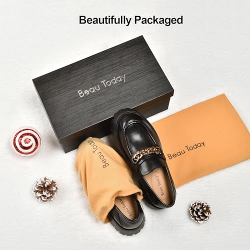 Image of BEAU TODAY Chunky Loafers for Women,Womens Platform Loafer Shoes,Chunky Heel Lug Sole Slip-on Metal Chain Shoes,Comfort Round Toe Business Work Office Shoes