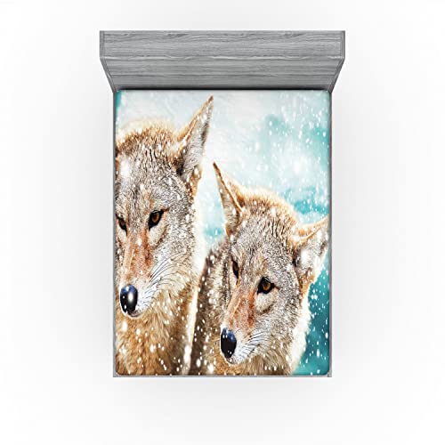 Lunarable Animal Fitted Sheet, 2 Coyote Wolf Partners Under Snowy Winter Day Wild Creatures Mammal Picture, Soft Decorative Fabric Bedding All-Round Elastic Pocket, Queen Size, Brown Teal #TOP2