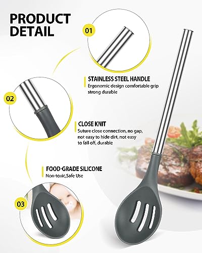 2 Pcs Silicone Cooking Spoons, Solid And Slotted Spoon Set, Non-Stick Bpa Free Heat-Resistant Basting Stainless Steel Handle Kitchenware For Cooking, Soup, Serving, Draining, Stirring (Grey) #TOP2