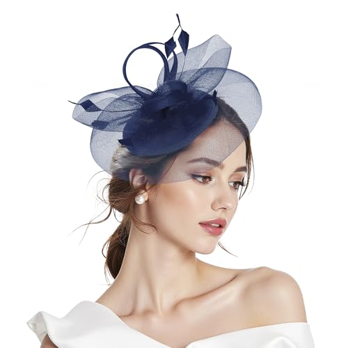 Navy Blue Fascinators for Women Navy Blue Fascinator for Weddings 2-in-1 Headband Hat with Clip Elegant Hair Accessories for Mother of the Bride & Guest Outfits Royal Ascot Ladies Day & Tea Party