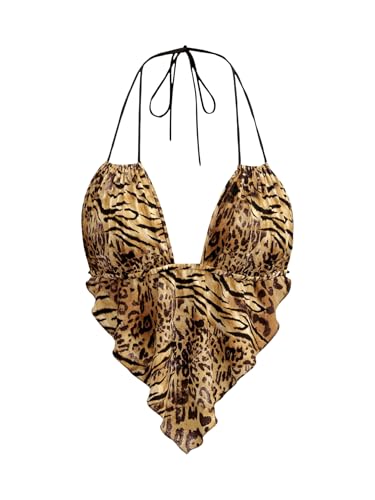 Verdusa Women's Y2k Leopard Print Rave Outfits Deep V Halter Crop Tops Ruffle Going Out Top Clubwear