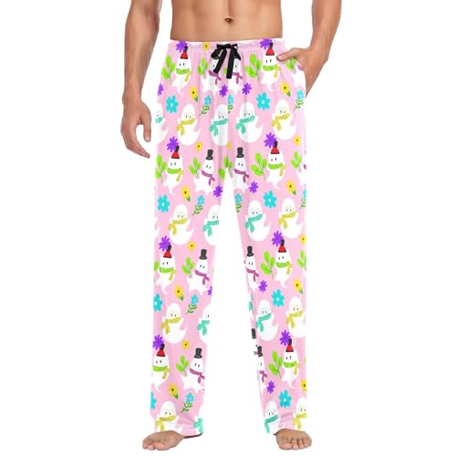 Snowman Floral Pattern Men's Cotton Pajama Pants with Pockets and Drawstring Comfortable and Stylish,S