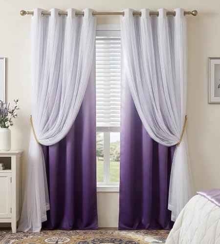 Dark Purple Blackout Curtains with White Sheer Overlay for Girls Bedroom