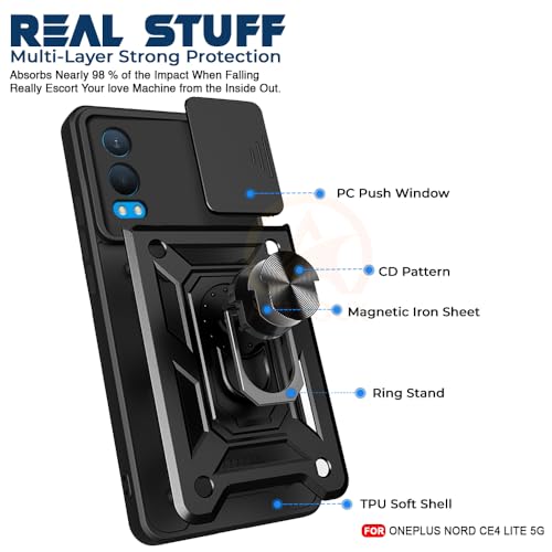 Image of Armor Bumper Back Cover Case for OnePlus Nord CE 4 Lite 5G Rotating Camera Cover, Ring Holder & Kickstand | Heavy Duty & 360 Degree Protection OnePlus Nord CE 4 Lite 5G Back Cover (Black)