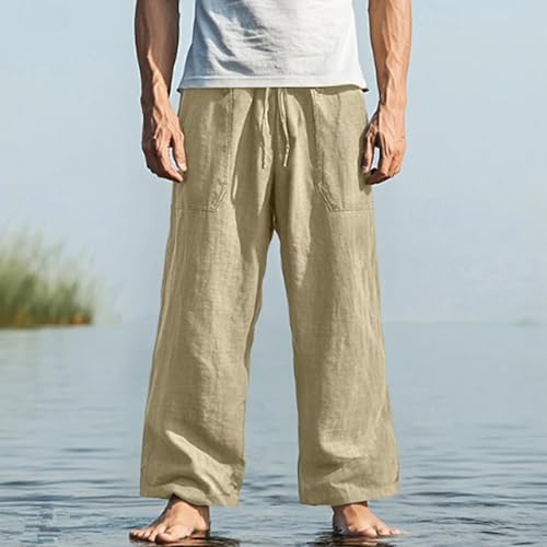 Mens Straight Leg Pants Button Elastic Waist Hawaiian Casual Loose Fit Stylish Breathable Beach Trousers with Pockets3