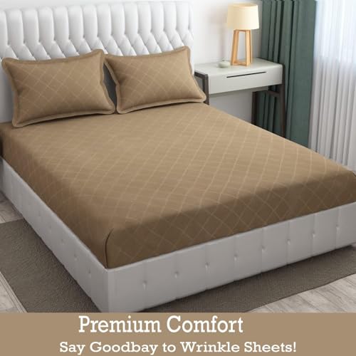 Image of Filymore Double Bed Bedsheet with 2 Pillow Covers, 300 TC Microfiber, Solid Embossed Check Design, Soft & Durable Bedcover 90x95 Inches, Beige, Luxury Bedding for Home & Hotel Use