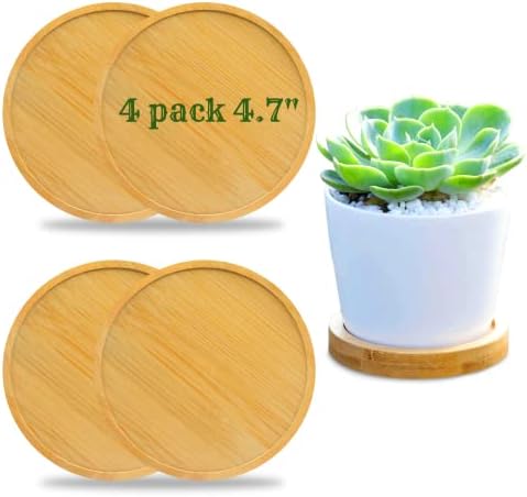 Fenspeed 4pcs Bamboo Plant Saucer Drip Trays Plant Flower Pot Round Plant Trays for Indoors Plant Plate Planter Pallet Succulent Cactus (4.7"/12CM)