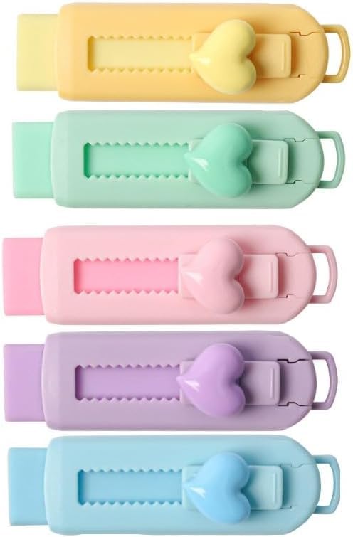 5 Pcs Multicolor Sliding Retractable Pencil Eraser with Plastic Sleeve,Large Erasers for School Office,Art Erasers for Drawing,Standard Pencil Erasers