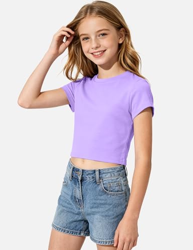 Image of Auranso Girls Crop Tops Kids Short Sleeve T-Shirts Basic Summer Tee Top