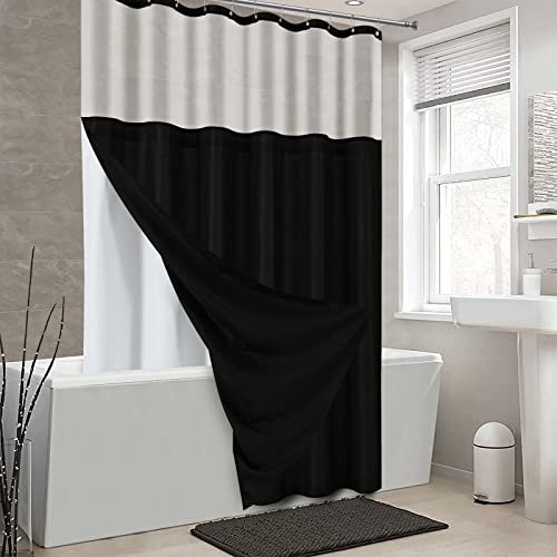 Spwiy Black Shower Curtain With Snap In Liner Shower Curtain Set Modern Solid Color Shower Curtains For Bathroom Luxury Double Layers Shower Curtain For Hotel Style, Water Repellent, Mesh Top Window #TOP1