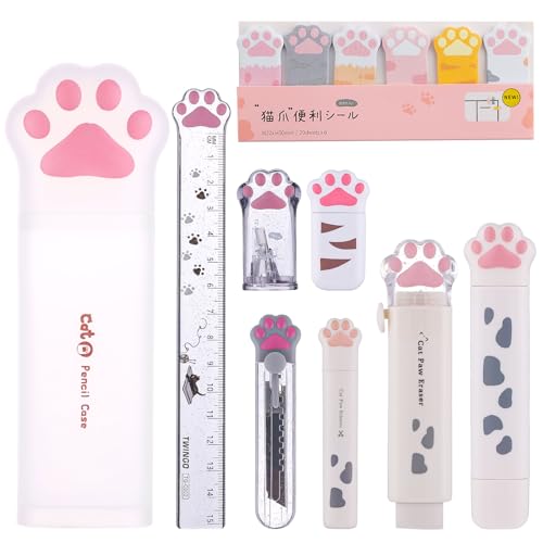 9 Pcs Cute Cat Paw Stationery Set Kawaii School Supplies Including Pencil Sharpener Retractable Eraser Correction Tape Sticky Notes Ruler Mini Scissors Utility Knife for Cat Lovers Students (White)