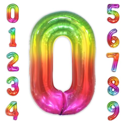 Image of SUWEN Rainbow Number 0 Balloon 40 Inch,Big Colorful Balloons 0-9 | Large Gradient Jelly 0th Helium Foil Mylar Number Multicolor Balloons for Birthday Anniversary Party Decorations