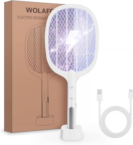 WOLAFOO Raqueta Matamoscas Electrica, Raqueta Mosquitos Electrica Recargable USB Base de Carga, 3000V, 2 en 1 Raqueta Electrica Matamoscas con Modo Inteligente y Manual, Protección de Malla de 3 Capas