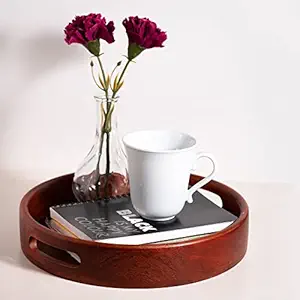 BRICK BROWN Handcrafted Premium Mahogany Finish Round Wooden Serving Tray (12x12 Inch)
