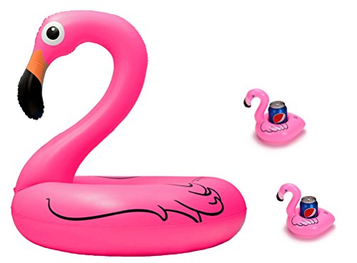 Moon Boat Giant Inflatable Pink Flamingo Pool Floats, 4 ft Wide, with 2 Flamingo Drink Holder Coaster (TM)