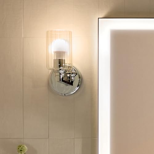 Image of Kichler Gioe 5 inch 1-Light Wall Sconce with Clear Fluted Glass in Chrome, Damp Rated, for Powder Room, Kitchen, Hallway, Bedroom, Fireplace, (5 inch W x 9.5 inch H), 55224CHFLU
