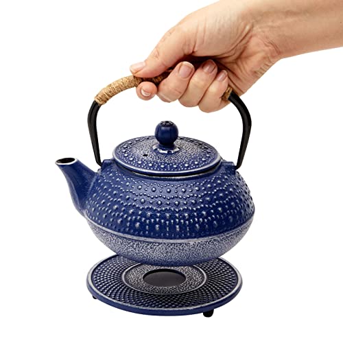 3 Piece Set Blue Japanese Cast Iron Teapot, Loose Leaf Tetsubin With Infuser And Trivet (27 Oz) #TOP2