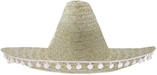 WHOLESALE MEXICAN SOMBREROS IN NATURAL WITH WHITE POM POM EDGING PERFECT FOR ANY MEXICO SOMBRERO FANCY DRESS PARTY FOR MEN AND WOMEN - 1X SOMBRERO