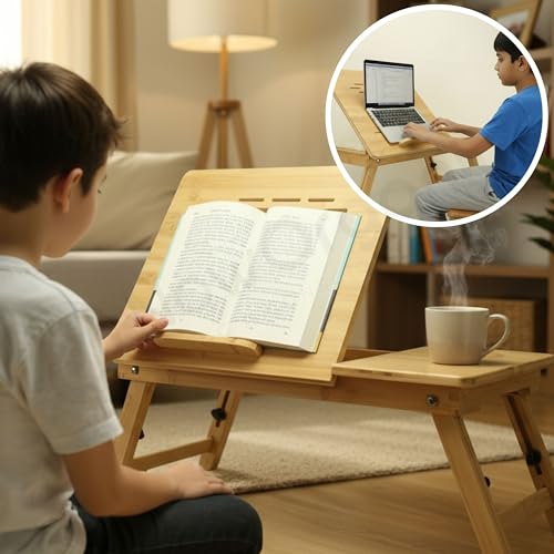 Image of Now Organic Brand Premium Bamboo Foldable Laptop Table with Adjustable Height & Tilting Top | Lap Desk for Study, Writing, Reading | Portable Bed Table with Small Storage Drawer Compact Size